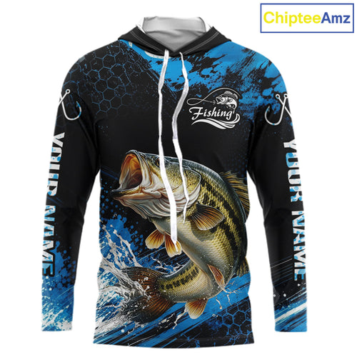 Custom Bass Fishing Jersey, Personalized Team Name Long Sleeve Hooded Performance Fishing Shirt