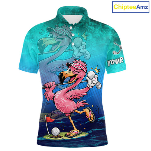 Personalized Flamingo Golf Polo Shirt Custom Name And Team Teal Blue Funny Ocean Tropical Golf Outfit