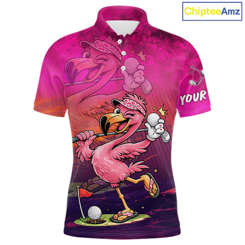 Personalized Flamingo Golf Polo Shirt Custom Name And Team Hot Pink Funny Tropical Golf Outfit