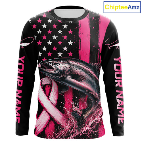 Breast Cancer Chinook Salmon Fishing Shirt Custom Name UV Protection Long Sleeve Personalized Gift