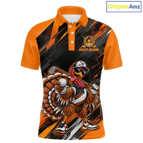 Custom Turkey Golf Polo Shirt, Funny Thanksgiving Golf Shirt, Orange Black Golf Team Apparel