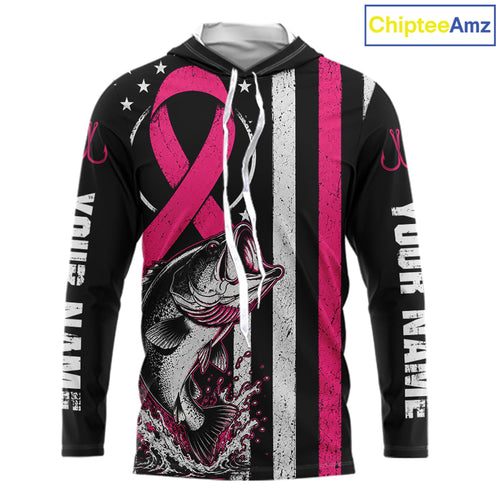 Breast Cancer Awareness Bass Fishing Shirt Hooded Long Sleeve Personalized Custom Name
