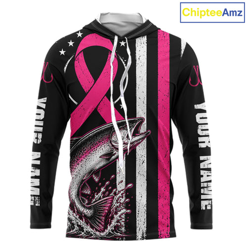 Breast Cancer Awareness Chinook Salmon Fishing Shirt Hooded Long Sleeve Personalized Custom Name
