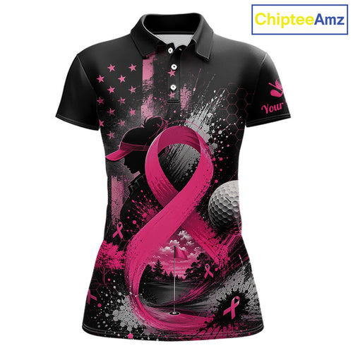 Pink Ribbon Golf Polo Shirt Breast Cancer Awareness Personalized Custom Name