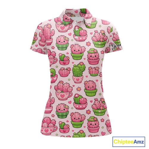 Cute Kawaii Cactus Golf Polo Shirt, Funny Pink Cartoon Cactus Shirt