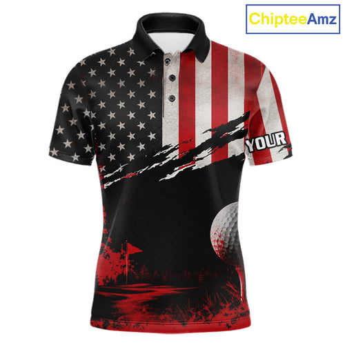 Golf Polo Shirts American Flag Patriotic Custom Name Tournament Golf Shirts, Golf Gifts