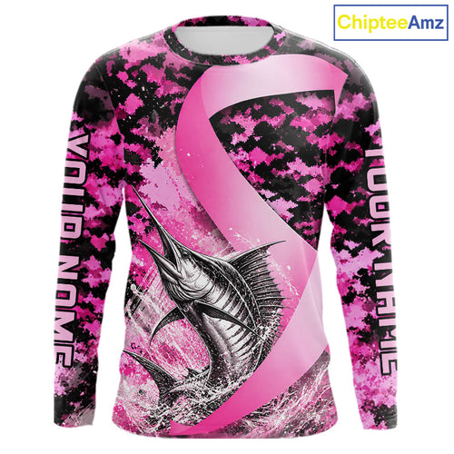 Pink Ribbon Camouflage Marlin Fishing Breast Cancer Custom Sun Protection Long Sleeves Fishing Shirts