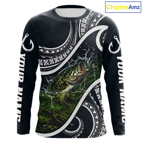 Blue Tribal Pattern Custom Largemouth Bass Long Sleeve Fishing Shirts, Bass Fishing Shirts For Team