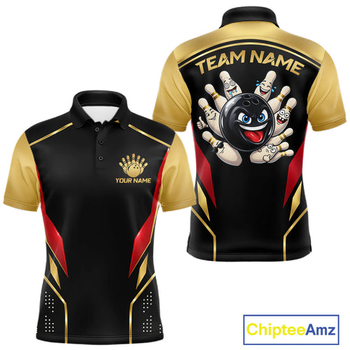 Black And Gold Funny Bowling Ball Polo, Quarter Zip Shirts Custom Bowling Team Jerseys
