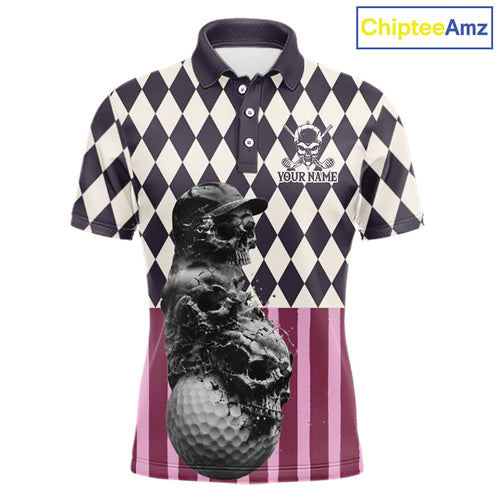 Golf Polo Shirts Custom Black Pink Argyle Pattern Golf Skull Golf Tops, Golf Gifts