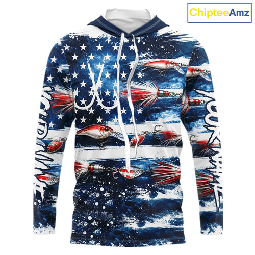 Fishing Lure American Flag Custom Long Sleeve Hooded Performance Fishing Shirts, Team Fishing Jerseys