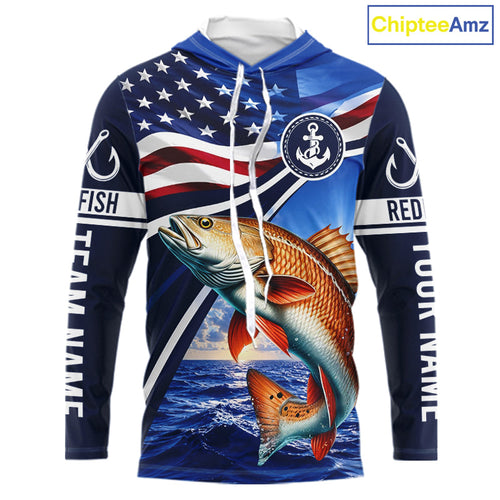 American Flag Redfish Fishing Long Sleeve Hooded Saltwater Fishing Shirts, Custom Redfish Fishing Jerseys