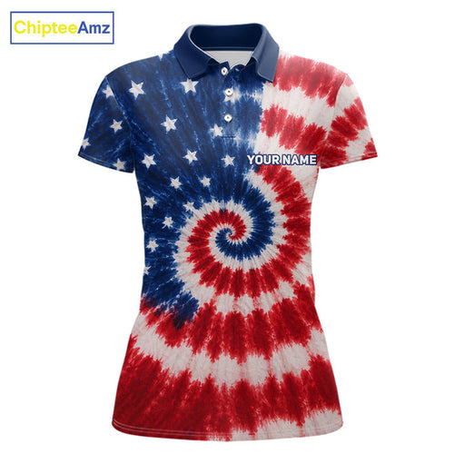 American Flag Tie Dye Pattern Golf Polo Shirts Custom Patriotic Tournament Polo Shirts, Golf Gifts