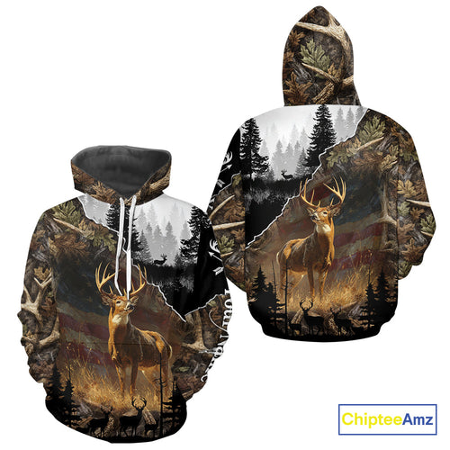Whitetail Deer Hunting US Flag Camouflage Custom 3D Shirts, Personalized Deer Hunting Shirt