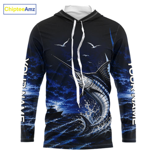Personalized Blue Marlin Blue Long Sleeve Hooded Performance Fishing Shirts, Offshore Tournament Shirt