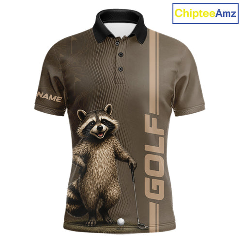 Personalized Funny Brown Raccoon Custom Name Polo Golf Shirt, Golfer Gifts