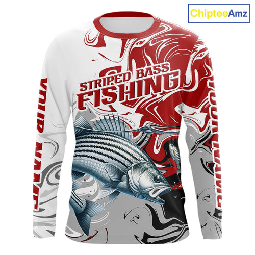 Red Camo Striped Bass Fishing Custom Shirts, Striped Bass Team Fishing Jerseys