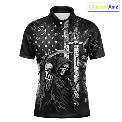 Custom Black And White American Flag Skull Reaper Golf Polo Shirt, Team Golf Shirts