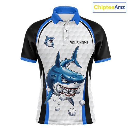 Custom Golf Polo Shirt Funny Blue And White Shark Pattern Golf Shirts, Team Golf Shirts