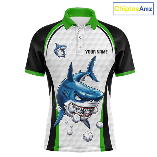 Custom Golf Polo Shirt Funny Green And White Shark Pattern Golf Shirts, Team Golf Shirts