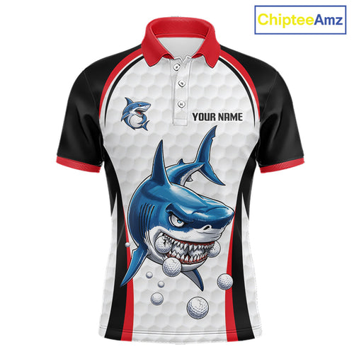 Custom Golf Polo Shirt Funny Red And White Shark Pattern Golf Shirts, Team Golf Shirts