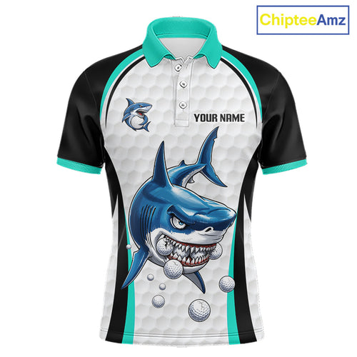 Custom Golf Polo Shirt Funny Turquoise Shark Pattern Golf Shirts, Team Golf Shirts