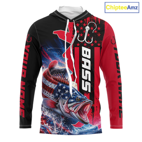Custom American Flag Bass Long Sleeve Hooded Fishing Shirts, Patriotic Red Camo Bass Team Fishing Jerseys