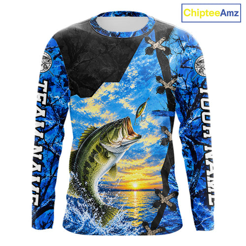 Custom Name Blue Camo Bass Fishing Jerseys, Largemouth Bass Long Sleeve Fishing Shirt