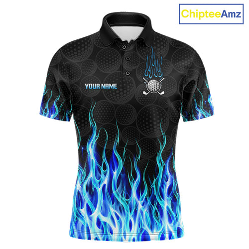 Golf Balls Blue Flame Pattern Golf Polo Shirts Custom Name Golf Clothes Golfing