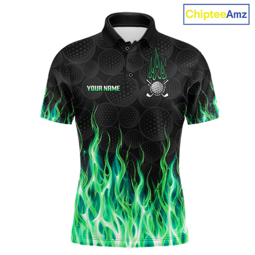 Golf Balls Green Flame Pattern Golf Polo Shirts Custom Name Golf Clothes Golfing