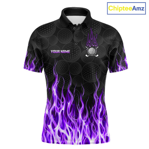 Golf Balls Purple Flame Pattern Golf Polo Shirts Custom Name Golf Clothes Golfing