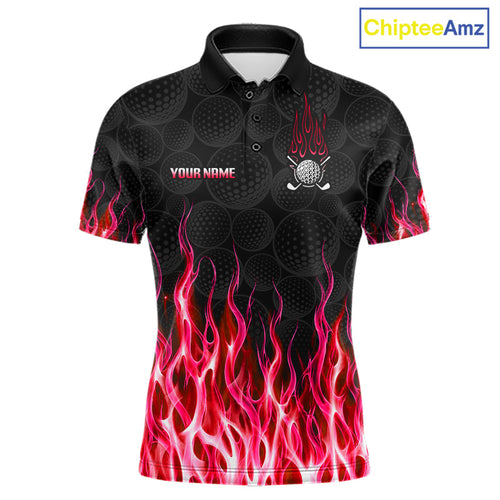 Golf Balls Red Flame Pattern Golf Polo Shirts Custom Name Golf Clothes Golfing