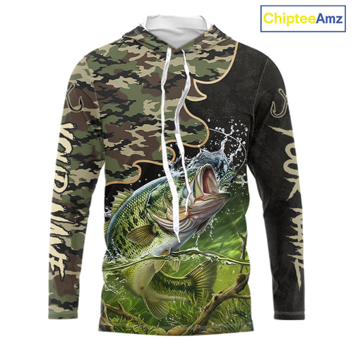 Personalized Green Camouflage Design Largemouth Bass Long Sleeve Hooded Fishing Shirts, Bass Fishing Jerseys