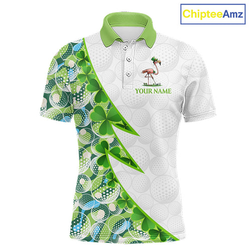 Funny Flamingo Green Clover Pattern White Golf Polo Shirt, Custom St Patrick Day Tournament Golf Apparel