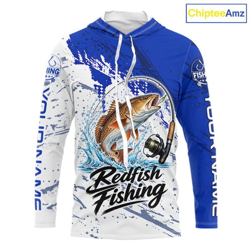 Personalized Redfish Drum Fishing Jerseys, Redfish Fishing Long Sleeve Hooded Tournament Shirts