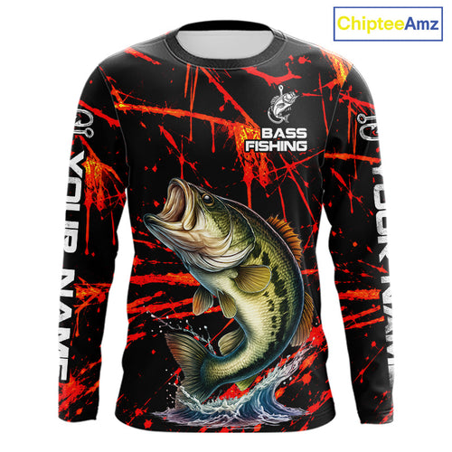 Personalized Largemouth Bass Fishing Jerseys, Bass Camo Long Sleeve Hooded Fishing Shirts
