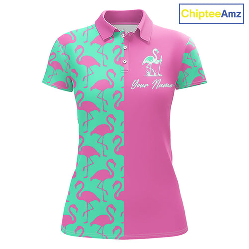 Golf Polo Shirt Green And Pink Flamingos Pattern Custom Team Flamingo Golf Shirts