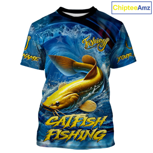 Blue Camo Catfish Fishing Custom Performance Fishing T-Shirts Catfish Fishing Team Shirts
