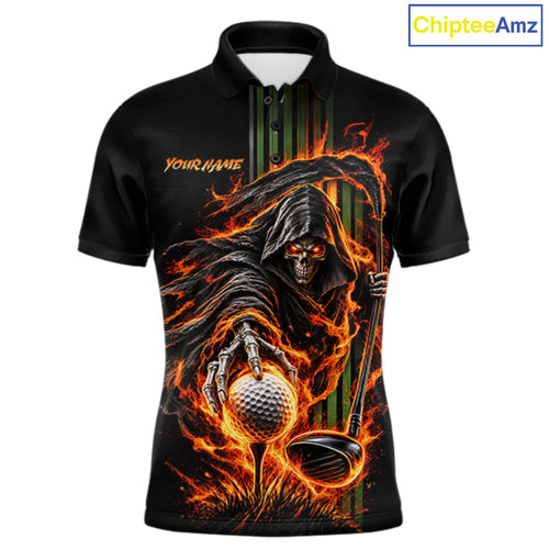 Custom Black Fire Flame Skull Reaper Custom Name Golf Polo Shirt, Team Golf Shirts