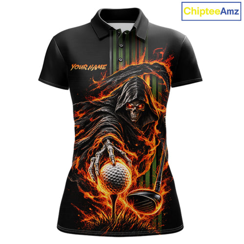 Custom Black Fire Flame Skull Reaper Custom Name Golf Polo Shirt, Team Golf Shirts