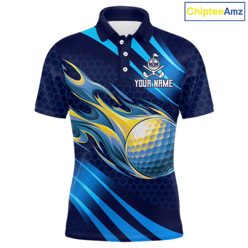 Custom Blue Flame Golf Ball Golf Polo Shirts, Personalized Golf Team Jerseys, Golf Outfits