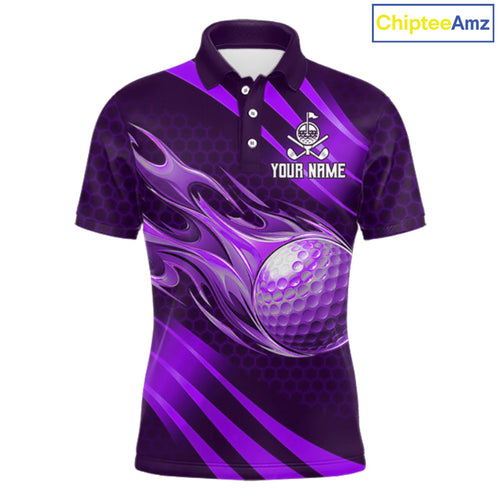 Custom Purple Flame Golf Ball Golf Polo Shirts, Personalized Golf Team Jerseys, Golf Outfits