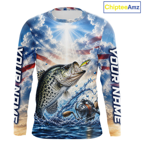 Custom Faith Crappie American Flag Patriotic Fishing Shirt Long Sleeve, US Fishing Jerseys