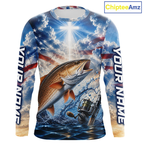 Custom Faith Redfish American Flag Patriotic Fishing Shirt Long Sleeve, US Fishing Jerseys