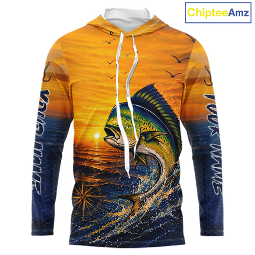 Mahi Mahi Fishing Sunset Custom Fishing Long Sleeve Hooded Shirt, Marlin Compass Offshore Fishing Apparel