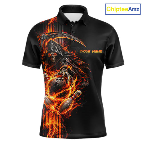 Custom Black Fire Flame Skull Reaper Bowling Team Shirts, Personalized Skull Bowling Gifts