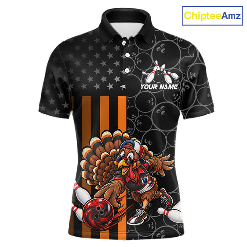 Funny Turkey Bowling Shirt, American Flag Bowling Tournament Polo & 1/4 Zip Bowling Team Shirts