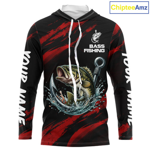 Red And Black Bass Fishing Custom Name Long Sleeve Hooded Performance Bass Fishing Shirts
