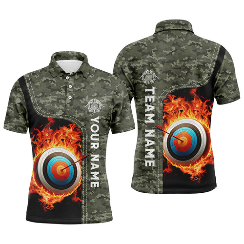 Personalized Camouflage Flaming Target Archery 3D Polo Shirts, Custom Archery Team Jerseys