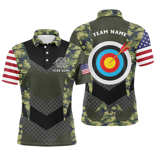 Personalized US Flag Camouflage Target Archery 3D Polo Shirts, Custom Archery Team Jerseys